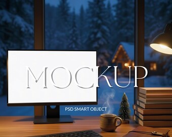 Winter Desktop Mockup | Cozy Cabin Office Screen Display, Warm Evening Workspace, Computer Mockup for Digital Art