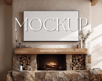 Minimal Fireplace TV Mockup with Blank Screen, Cozy Rustic Living Room Wall Art Display, Neutral Home Decor Mockup