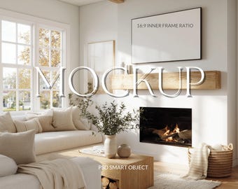 Neutral Cozy Living Room TV Frame Mockup • Minimal Boho Interior • Bright Natural Light Modern Living Space • Fireplace Scene Art Mockup