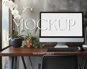 Desktop Computer Mockup | Modern Office Styled Stock Photo, Neutral Workspace Display, iMac Screen Mockup for Digital Art