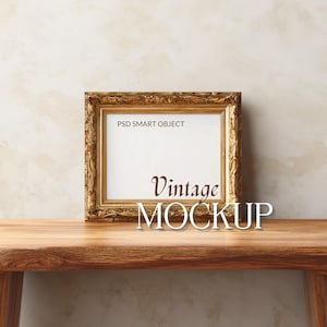 Vintage Goldrahmen Mockup auf Holztisch - Antike Barockkunst Anzeige | Leerer Rahmen