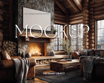Rustic Cabin Tv frame art Mockup: Light Wood Frame, Minimalist Style (PSD), Smart Object PSD for Display, Rustic Landscape Wall Mockup