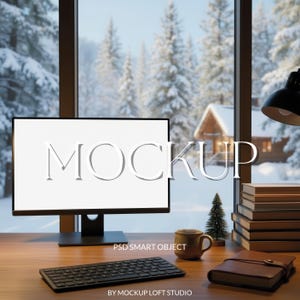 May include: A computer monitor with the word "MOCKUP" in white, a keyboard, a mug, a small Christmas tree, a stack of books, and a leather-bound journal sit on a wooden desk. The background shows a snowy winter scene through a window.