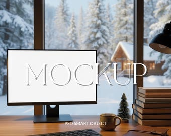 Cozy Winter Desktop Mockup with Blank Monitor Screen, Snowy Cabin View Computer Mockup, Warm Home Office Scene, Digital Download