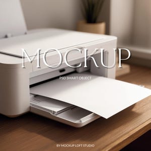 Minimal Printer Paper Mockup on Wooden Desk, Modern White Printer, Blank Paper Mockup for Printables, Neutral Minimal Office Scene