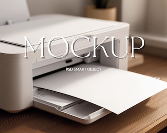 Minimal Printer Paper Mockup on Wooden Desk, Modern White Printer, Blank Paper Mockup for Printables, Neutral Minimal Office Scene