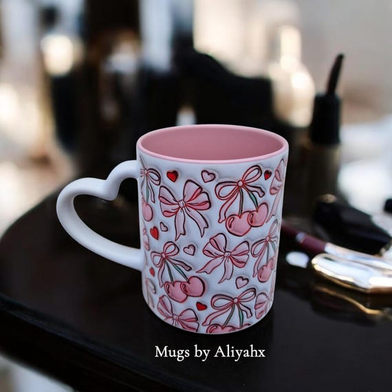 Pink Bow Mug with Heart Handle