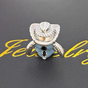 Pu&ograve; includere: Un charm d'argento raffigurante un personaggio con cappello da cowboy e abito blu. Il charm presenta le scritte "Disney" e "Pandora". &Egrave; posto su una superficie nera con scritte dorate.