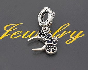 Argento puro s925 adatto per bracciale stile Pandora Ciondolo a forma di fascia per capelli Minnie a pois blu scuro