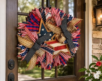 Patriotic 4th of July Wreath, American Flag Front Door Decor, Rustic Farmhouse Star Wreath