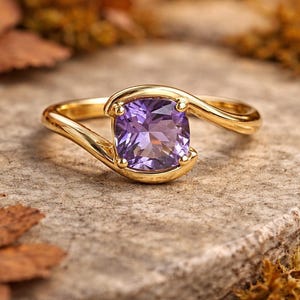 Purple Cushion Cut Amethyst Ring, Gold Solitaire Ring, Minimalist Engagement Ring Promise Ring Dainty Statement Ring  Wedding Ring For Women