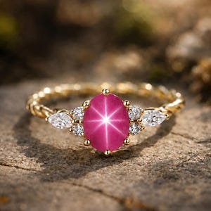 May include: A gold ring featuring a central oval-shaped pink star sapphire with a distinct six-rayed star pattern. The gemstone is flanked by two small round diamonds and two pear-shaped diamonds on each side, set on a twisted gold band.