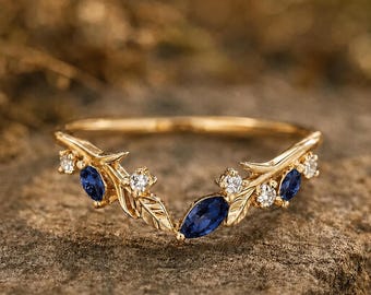 Marquise Blue Sapphire Curved Wedding Band Gold Leaf Ring Nature Inspired Chevron Bridal Ring V Shaped Leafy Band Vine Stacking Ring For Her