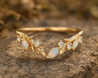 Vintage Opal Wedding Band Gold Curved Matching Band Natural Fire Opal Ring Delicate Marquise Cluster Ring Leaf Branch Promise Ring