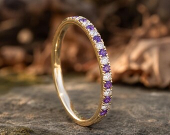 Amethyst Diamond Wedding Band Yellow Gold Eternity Ring Alternating Gemstone Stacking Ring February Birthstone Ring Statement Jewelry