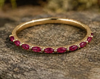 Marquise Ruby Wedding Band Gold Dainty Ruby Ring Stackable Eternity Band Minimalist Birthstone Ring Matching Anniversary Gift Her