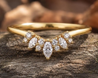 Curved Moissanite Wedding Band Gold Tiara Chevron Wedding Ring Marquise Diamond Contour Band Unique Cluster Ring Matching Anniversary Gift
