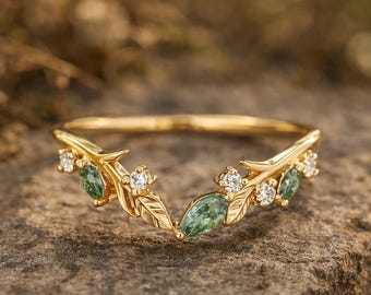 Anillo de ágata musgosa verde, anillo de hoja marquesa, oro, alianza de boda inspirada en la naturaleza, anillo con detalles de diamantes, anillo apilable único, anillo de enredadera bohemia
