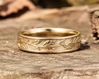 Alianza de boda con hoja de oro, anillo con rama de olivo grabada para hombres y mujeres, alianza con corona de laurel inspirada en la naturaleza, anillo de eternidad de filigrana de oro de 14 quilates.