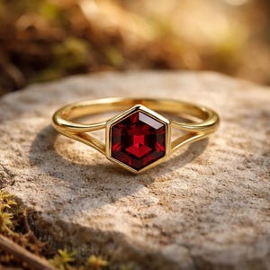Hexagon Cut Red Garnet Ring, Gold Minimalist Ring, January Birthstone Ring, Dainty Engagement Ring, Geometric Promise Ring Anniversary Gift