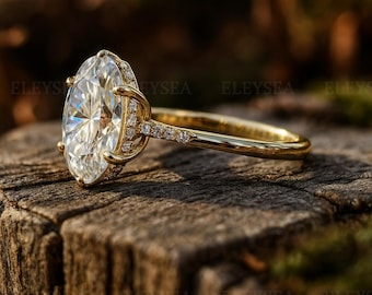 Anillo de compromiso de oro macizo de 14 quilates con diamantes cultivados en laboratorio de talla ovalada de 2 quilates, anillo de diamantes simulados con halo oculto, anillo de promesa de aniversario para mujer.