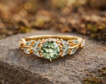 Anillo de ágata musgosa verde en oro, anillo de compromiso inspirado en la naturaleza, anillo de hoja vintage, anillo de boda único, anillo con detalles de diamantes, regalo de aniversario