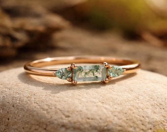 Anillo baguette de ágata musgosa verde con piedras laterales marquesa, anillo minimalista de oro, anillo de piedras preciosas hecho a mano inspirado en la naturaleza, regalo de cumpleaños