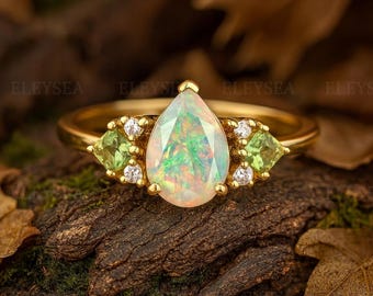 Anillo de compromiso vintage de ópalo y peridoto, anillo delicado de plata 925 con dos gemas preciosas y racimo de diamantes de ópalo natural. Anillo con piedra natal, regalo para mujer.
