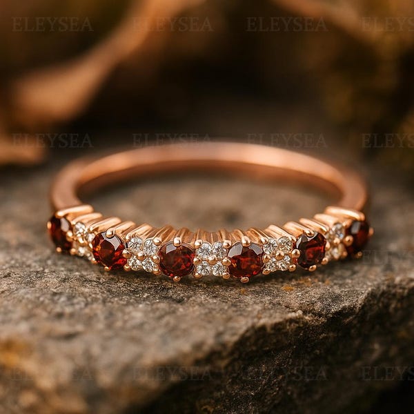 14k Yellow Gold Garnet & Moissanite Wedding Ring, Half Eternity Seven Stone Band, January Birthstone Ring, Dainty Stacking Ring