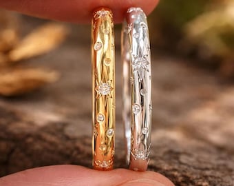Alianza de boda de oro macizo de 10 quilates con diamantes y diseño de estrella, anillo de eternidad con diamantes, anillo apilable con grabado de estrella, anillo celestial para mujer, anillos de propuesta