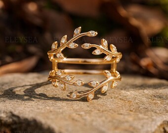 Rose Gold Moissanite Wedding Ring - Nature Inspired Leaf Vines Band - Unique Twig Matching Ring Enhancer Moissanite Wedding Ring Enhancer