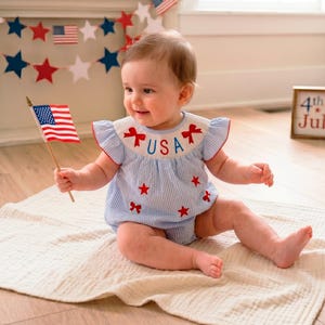 4 juli Babyflicka Rökt Bubbelsparkdräkt med USA:s amerikanska flagga, patriotisk outfit för nyfödda och småbarn med temat självständighetsdag