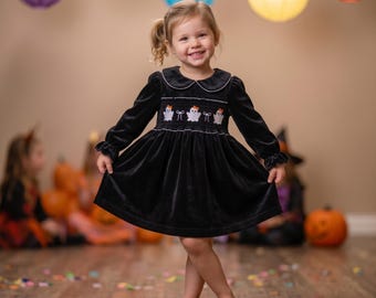 Spookjurk voor peutermeisjes, zwarte fluwelen jurk met smockwerk voor baby's, Halloween-feestkostuum voor baby's