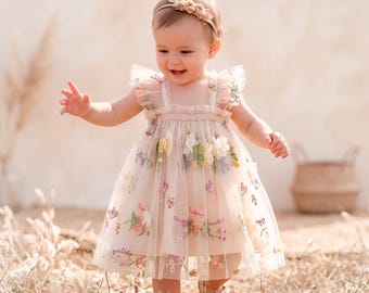 Boho-Kleid für Kleinkinder, besticktes elfenbeinfarbenes Tüllkleid, Outfit für die Geburtstagstorte, festliches Sommerkleid für Babys