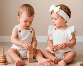 Matching White Baby Girl & Boy Bubble Romper, Eco Friendly Sibling First Birthday Smash Cake Outfit, Newborn Toddler Sister Brother Twins