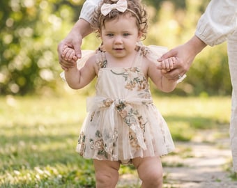 Boho Baby Girl Tulle Dress + Bow Headband | First Birthday Smash Cake Outfit Newborn & Toddler | Beige Floral Embroidered Infant Romper