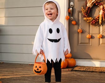 Halloween Baby Ghost Costume: Spooky Poncho + Pants + Pumpkin Basket, First Holiday Party Outfit for Boy Girl Newborn Toddler