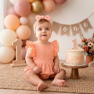 純綿モスリンのベビーガールロンパースセット、フリル付きバブルアウトフィット、1歳の誕生日スマッシュケーキ