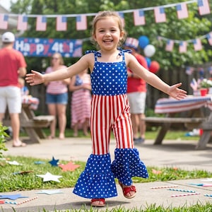 Mono acampanado para niña pequeña del 4 de julio, mono con la bandera estadounidense, Día de la Independencia Patriótica