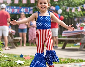 4th July Toddler Girl Bell Bottoms Jumpsuit, USA American Flag Romper, Patriotic Independence Day