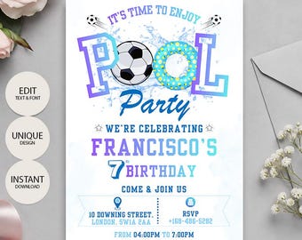 Puede incluir: Una tarjeta de invitación rectangular para una fiesta en la piscina con el texto IT'S TIME TO ENJOY POOL PARTY, WE'RE CELEBRATING FRANCISCO'S 7TH BIRTHDAY, COME & JOIN US, 10 DOWNING STREET, LONDON, SW1A 2AA, RSVP +168-486-5282, FROM 04:00PM TO 7:00PM.