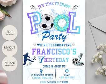 Soccer Pool Party Birthday Invitation | Editable Canva Template | Kids Birthday Invite | Summer Pool Party | Printable Instant Download