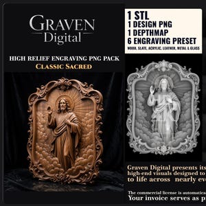 Op de afbeelding: Een digitale productafbeelding van Graven Digital. De afbeelding toont een high-relief gravure PNG-pakket met een klassiek heilig thema. Het product bevat STL, design PNG, depthmap en zes graveerpresets voor verschillende materialen zoals hout, leisteen en metaal.