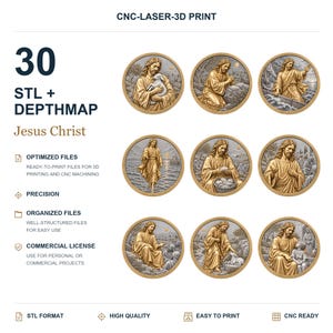 Könnte beinhalten: Eine digitale Sammlung von 30 STL- und Tiefenkartendateien mit goldenen und silberfarbenen kreisförmigen Reliefdarstellungen von Jesus Christus. Der Text umfasst CNC-LASER-3D PRINT, 30 STL + DEPTHMAP, Jesus Christ, OPTIMIZED FILES, PRECISION, ORGANIZED FILES, COMMERCIAL LICENSE, STL FORMAT, HIGH QUALITY, EASY TO PRINT und CNC READY.
