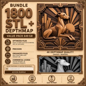 Könnte beinhalten: Ein digitales Paket mit 1800 STL- und Depthmap-Dateien für 3D-Druck und CNC-Bearbeitung. Die Grafik zeigt ein holztexturiertes Relief eines Hundes in einem Sonnenstrahlenrahmen, eine 4K-Depthmap-Vorschau sowie Symbole für Dateinutzung.