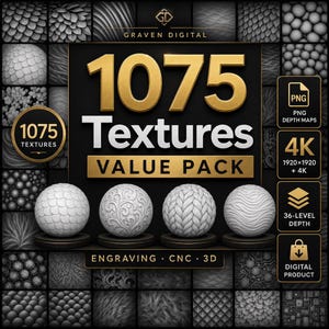 Könnte beinhalten: Eine digitale Produktsammlung mit dem Titel 1075 Textures Value Pack von Graven Digital. Das Bild zeigt goldenen Text auf schwarzem Hintergrund, vier weiße texturierte Kugeln und Seitenleisten mit Details zu 4K-Auflösung, PNG-Tiefenkarten und 3D.