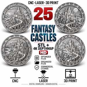 25 Fantasy Castles STL & PNG Depthmap Bundle, Relief Models for CNC, Laser Engraving and 3D Printing
