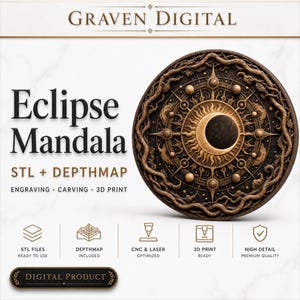 Celestial Eclipse Mandala - CNC Engraving STL Model, Carving, Relief STL