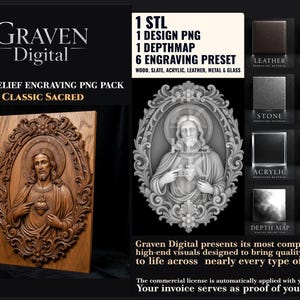 May include: A digital product advertisement for a high relief engraving PNG pack. The image features a detailed wooden carving of Jesus, along with examples of materials like leather, metal, and glass. Text includes "Graven Digital" and "Classic Sacred."
