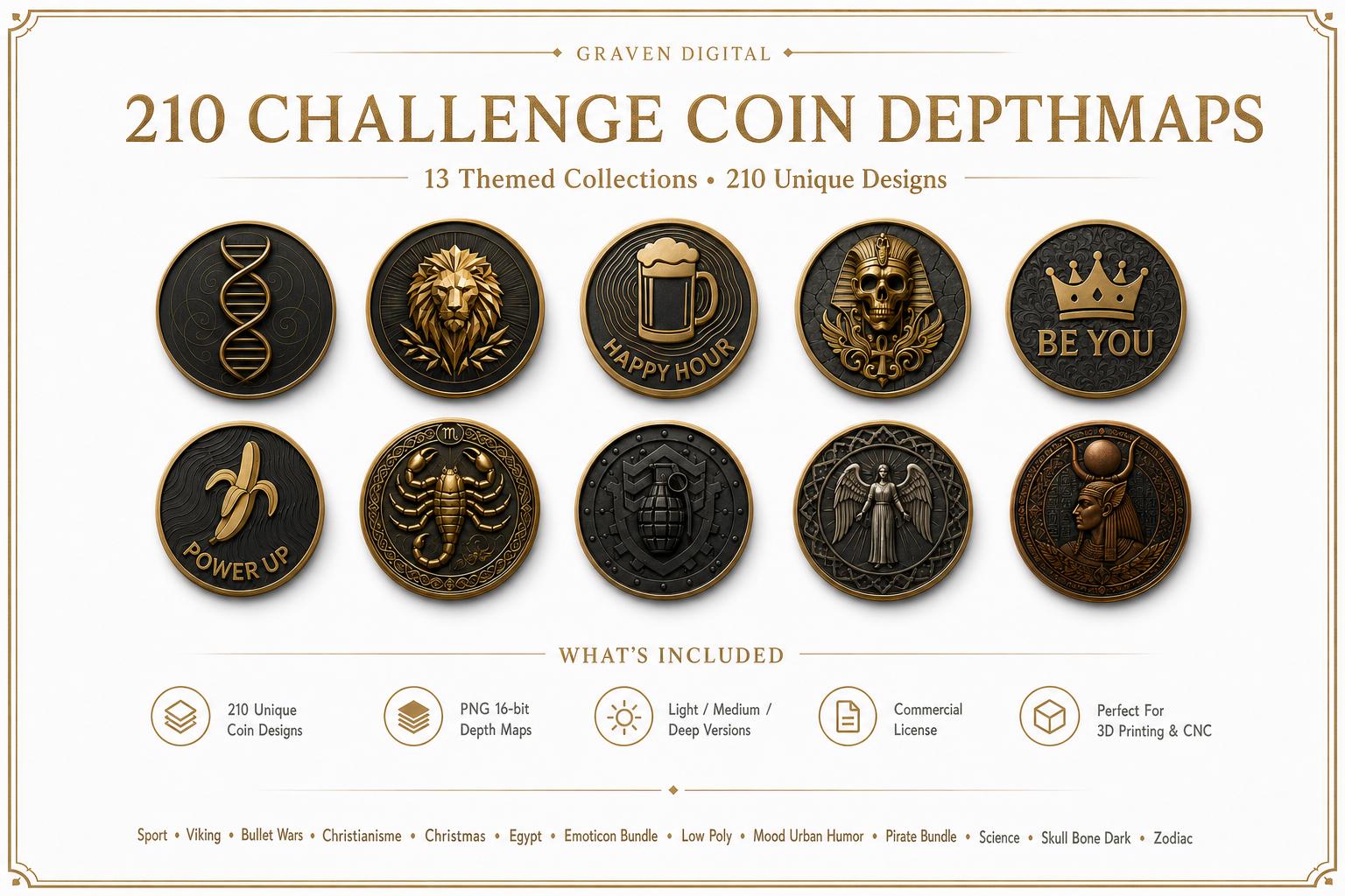 210 Challenge Coin Depthmaps Bundle – PNG 16-bit for CNC, Laser ...